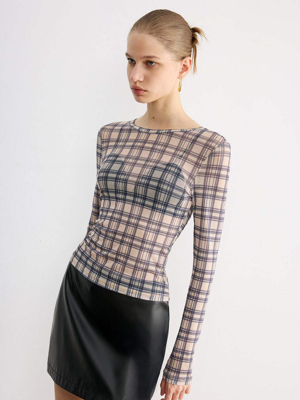 Sheer Plaid Long Sleeve Blouse