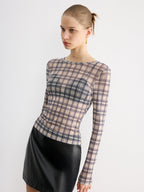Sheer Plaid Long Sleeve Blouse