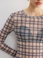 Sheer Plaid Long Sleeve Blouse