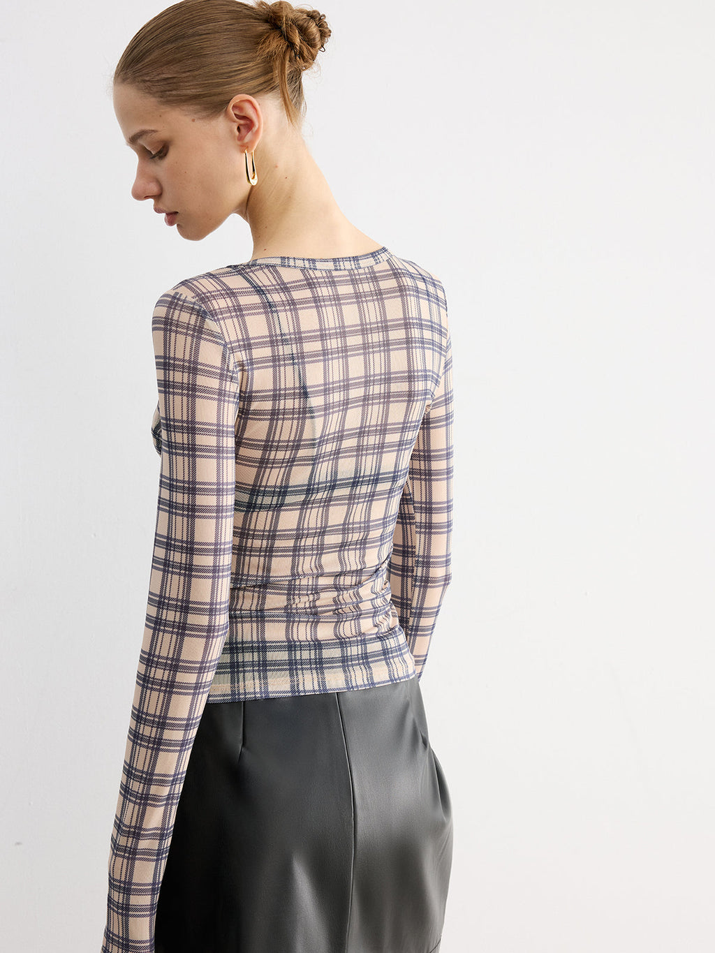 Sheer Plaid Long Sleeve Blouse