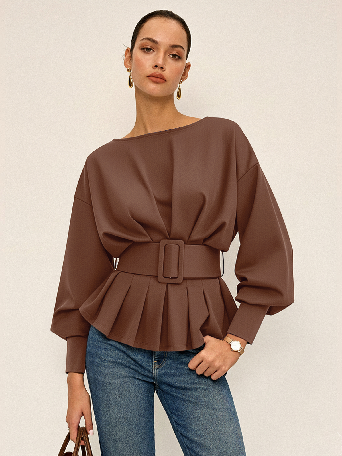 Boat Neck Sweatshirt with Peplum and Wide Belt