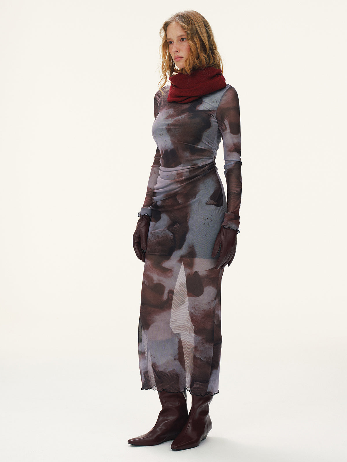 Long Sleeve Tie-Dye Mesh Maxi Dress