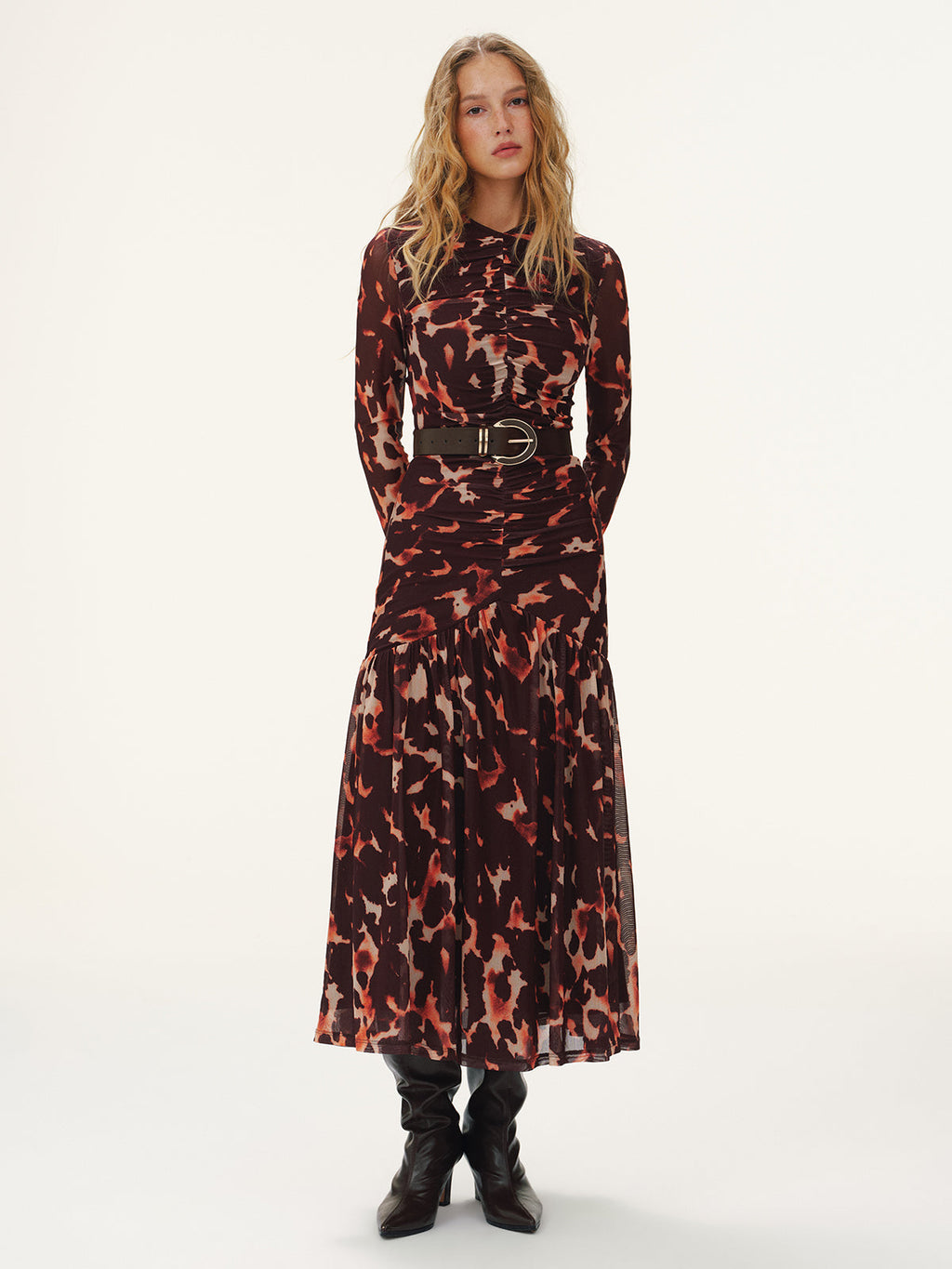 Leopard Print Ruched Mesh Maxi Dress No Belt