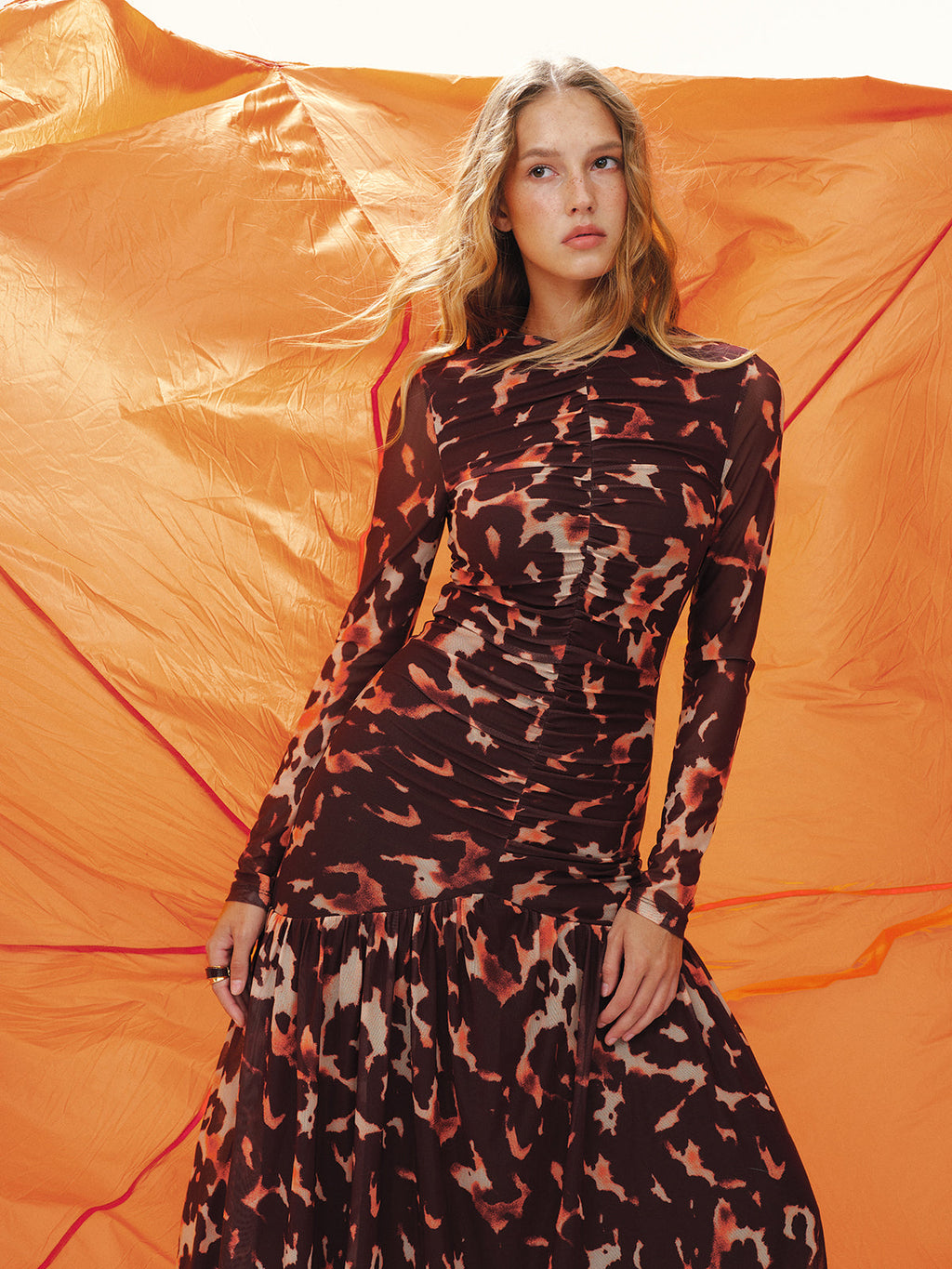 Leopard Print Ruched Mesh Maxi Dress Unbelted
