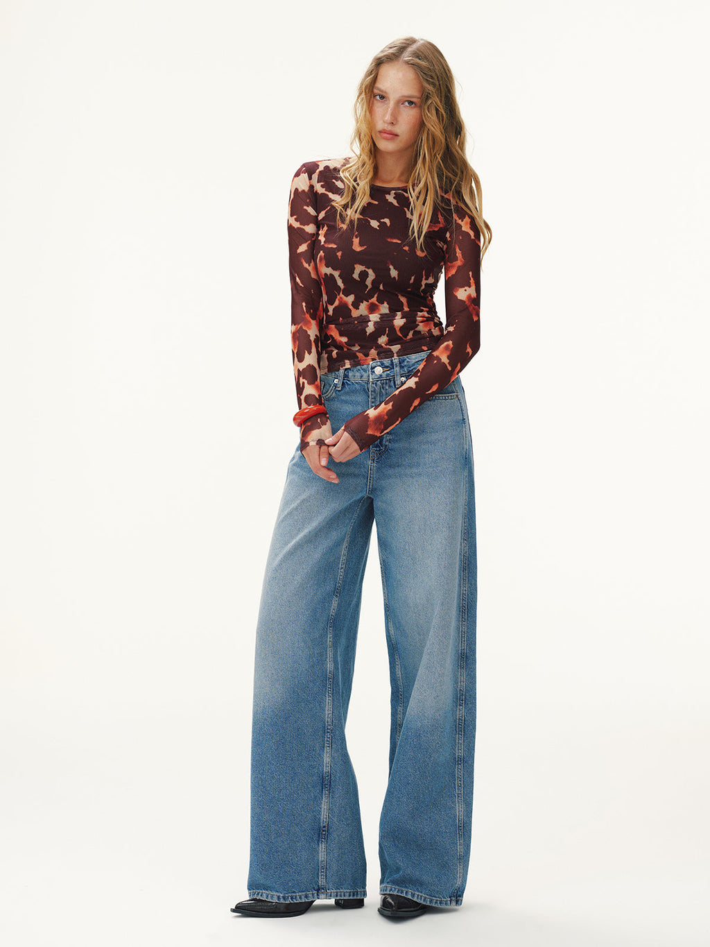 Leopard Print Long-Sleeve Mesh Fitted Top