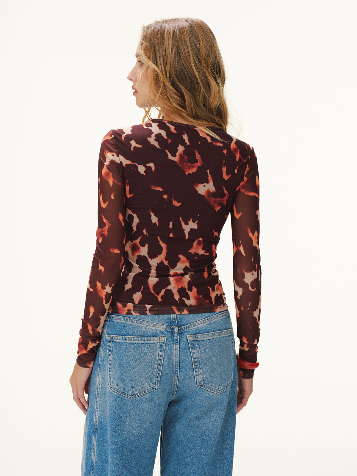 Leopard Print Long-Sleeve Mesh Fitted Top