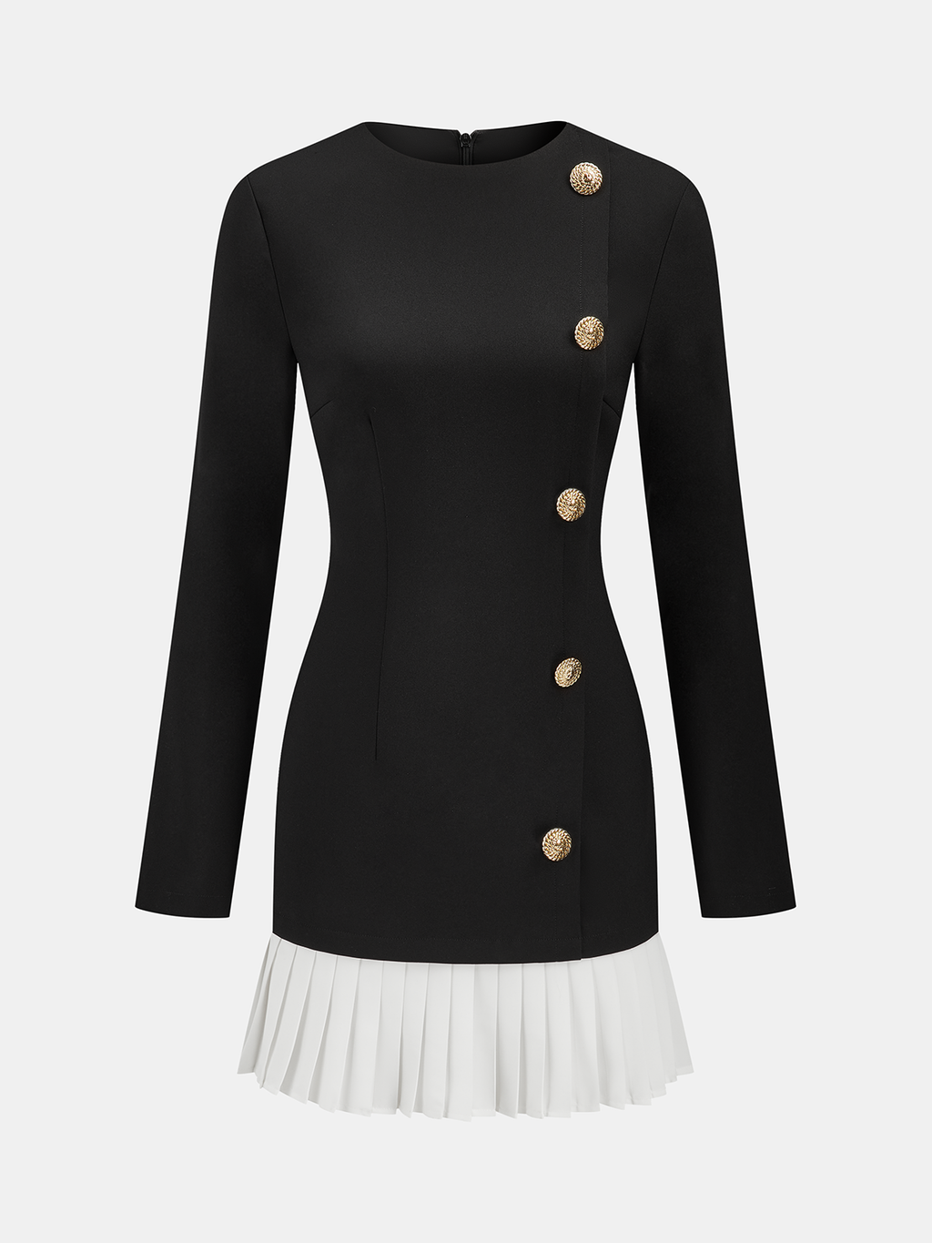 Asymmetric Mini Dress with Pleated Hem and Metal Detail