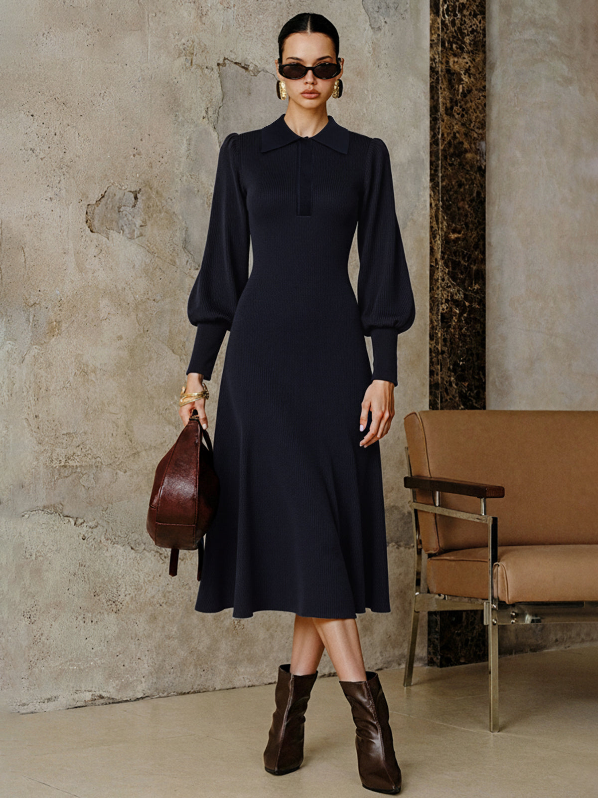 Wool Blend Midi Dress with Leg-Of-Mutton Sleeves