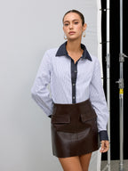 Striped Long-Sleeve Shirt with Denim Panels