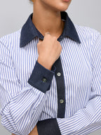 Striped Long-Sleeve Shirt with Denim Panels