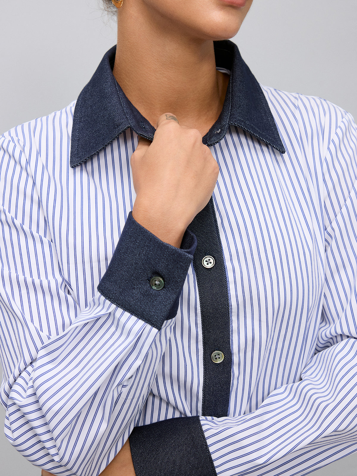 Striped Long-Sleeve Shirt with Denim Panels
