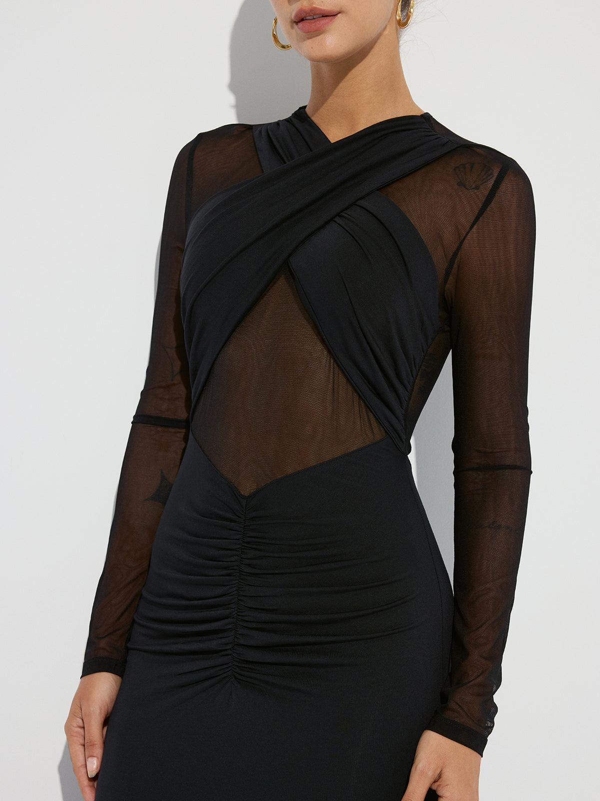 Mesh Paneled Maxi Dress with Cross-Front Ruched Design