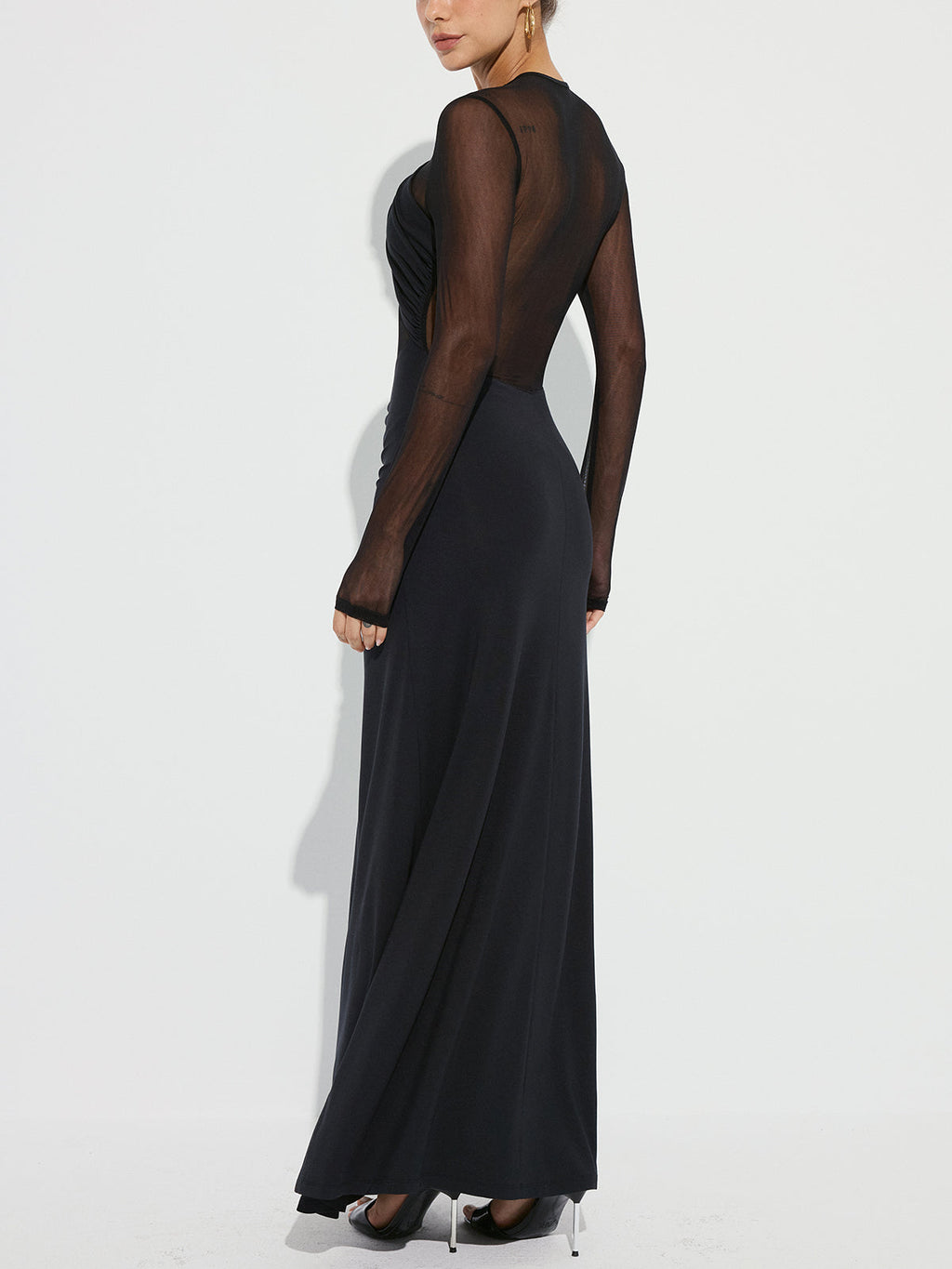 Mesh Paneled Maxi Dress with Cross-Front Ruched Design