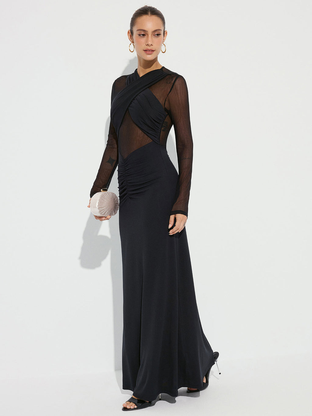 Cross-Front Ruched Dress with Mesh Panel Detailing