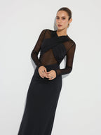 Cross-Front Ruched Dress with Mesh Panel Detailing