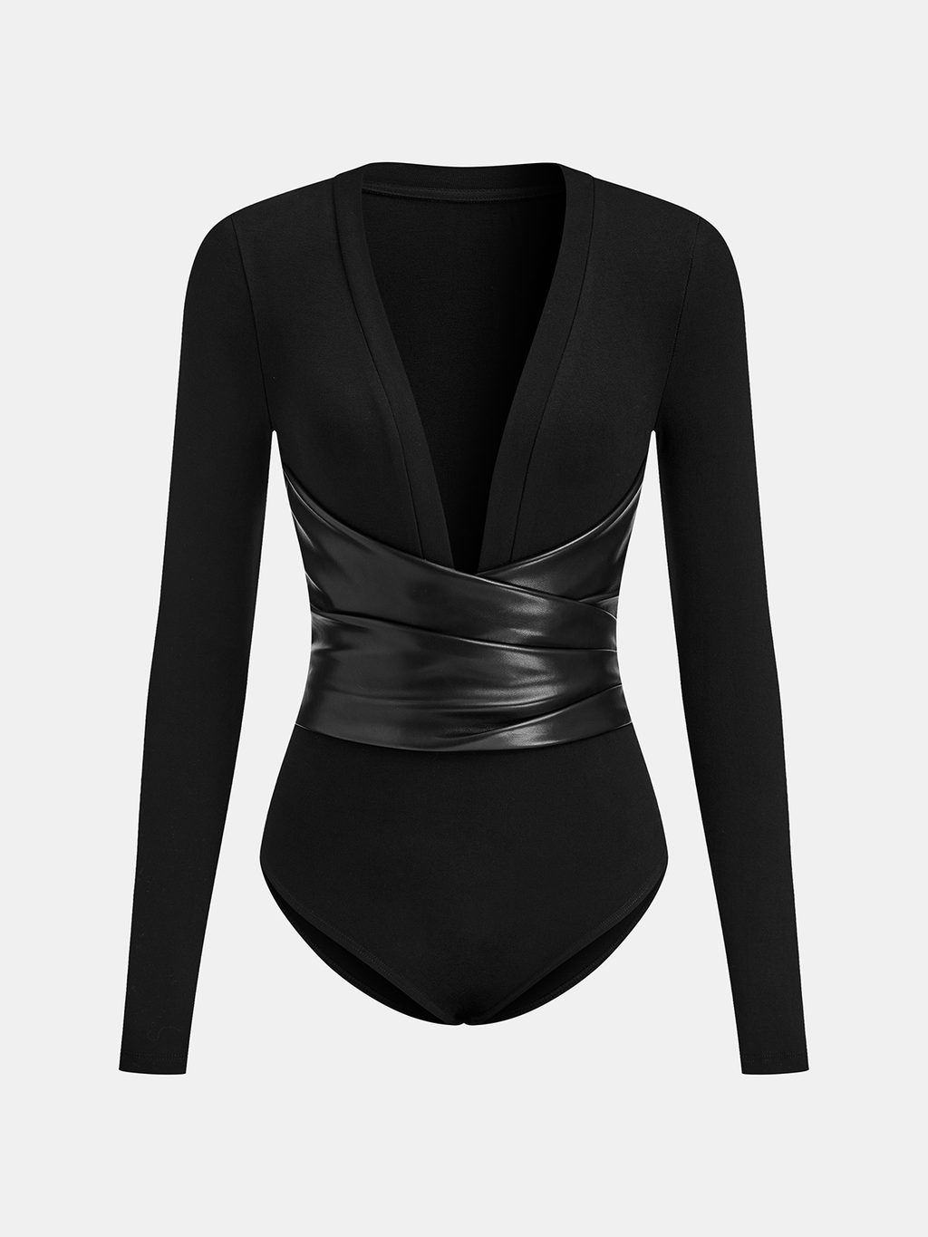 V-Neck Bodysuit with Faux Leather Wrap Waist