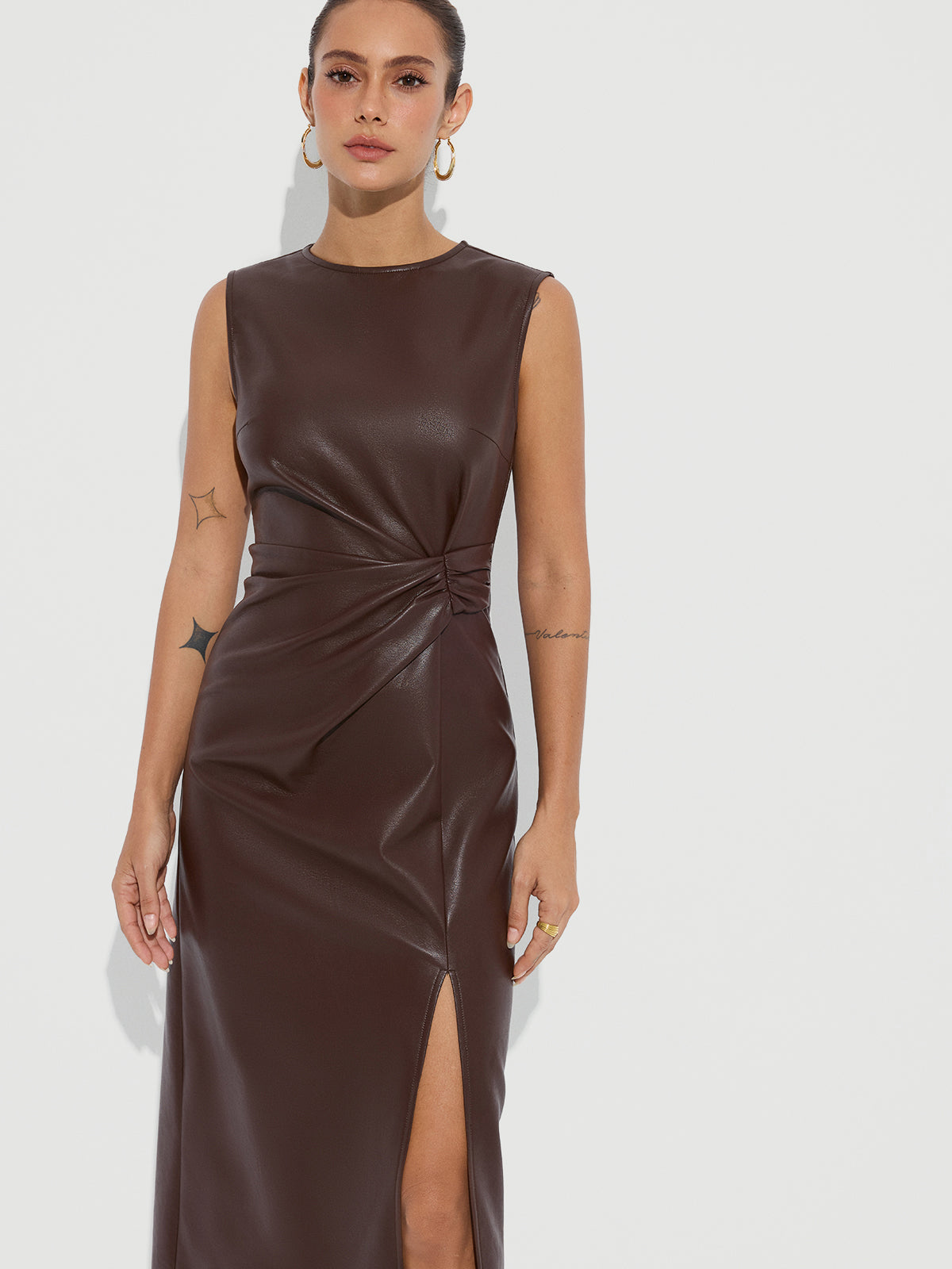 Chic Faux Leather Midi Dress with Side Slit