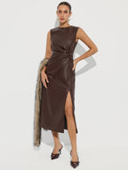 Chic Faux Leather Midi Dress with Side Slit