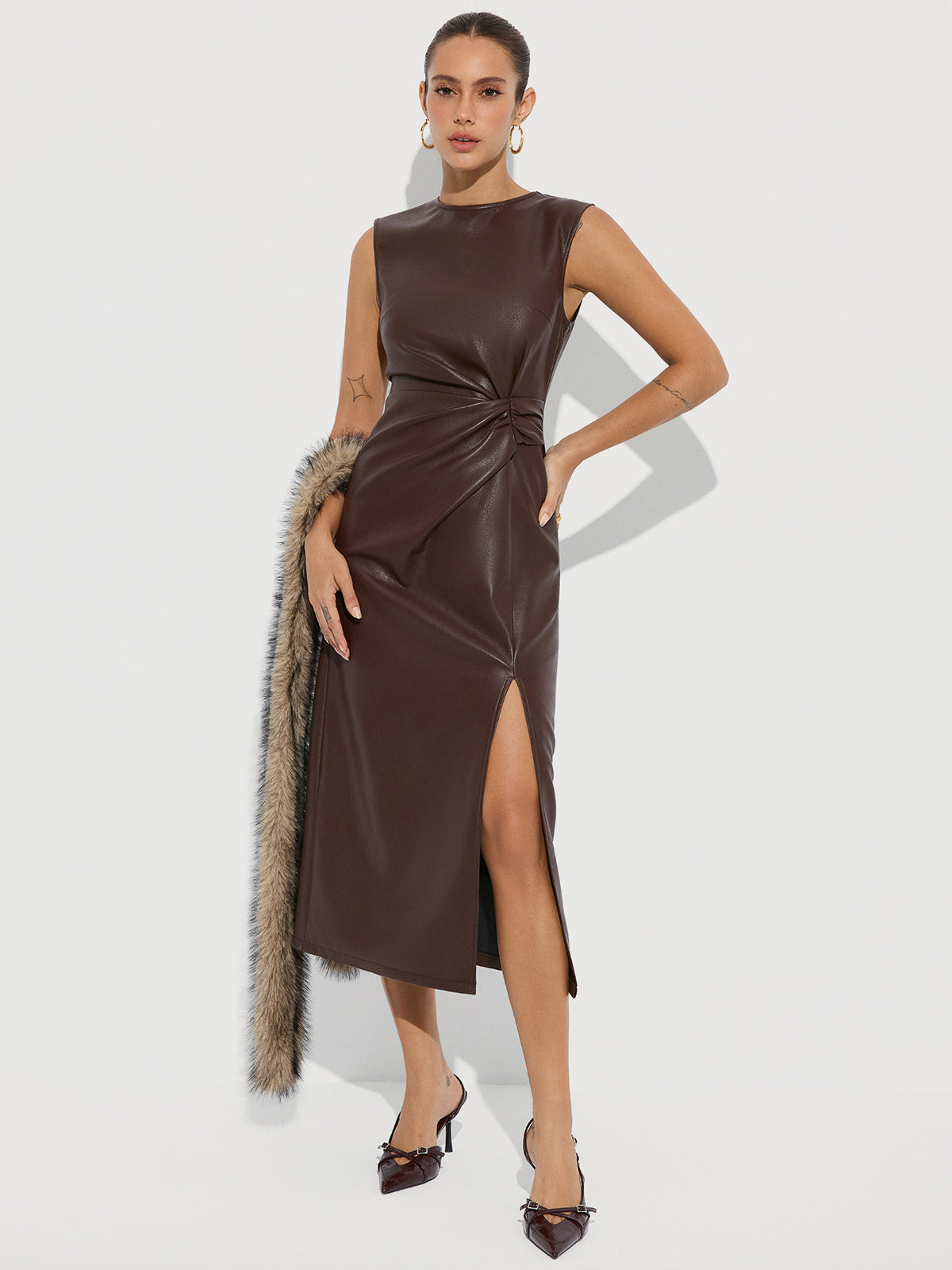Chic Faux Leather Midi Dress with Side Slit