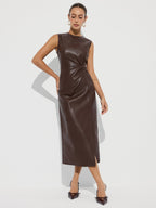 Chic Faux Leather Midi Dress with Side Slit