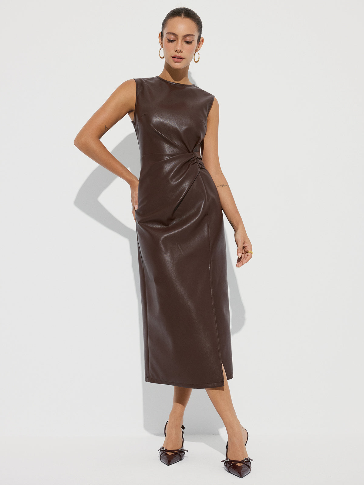 Chic Faux Leather Midi Dress with Side Slit