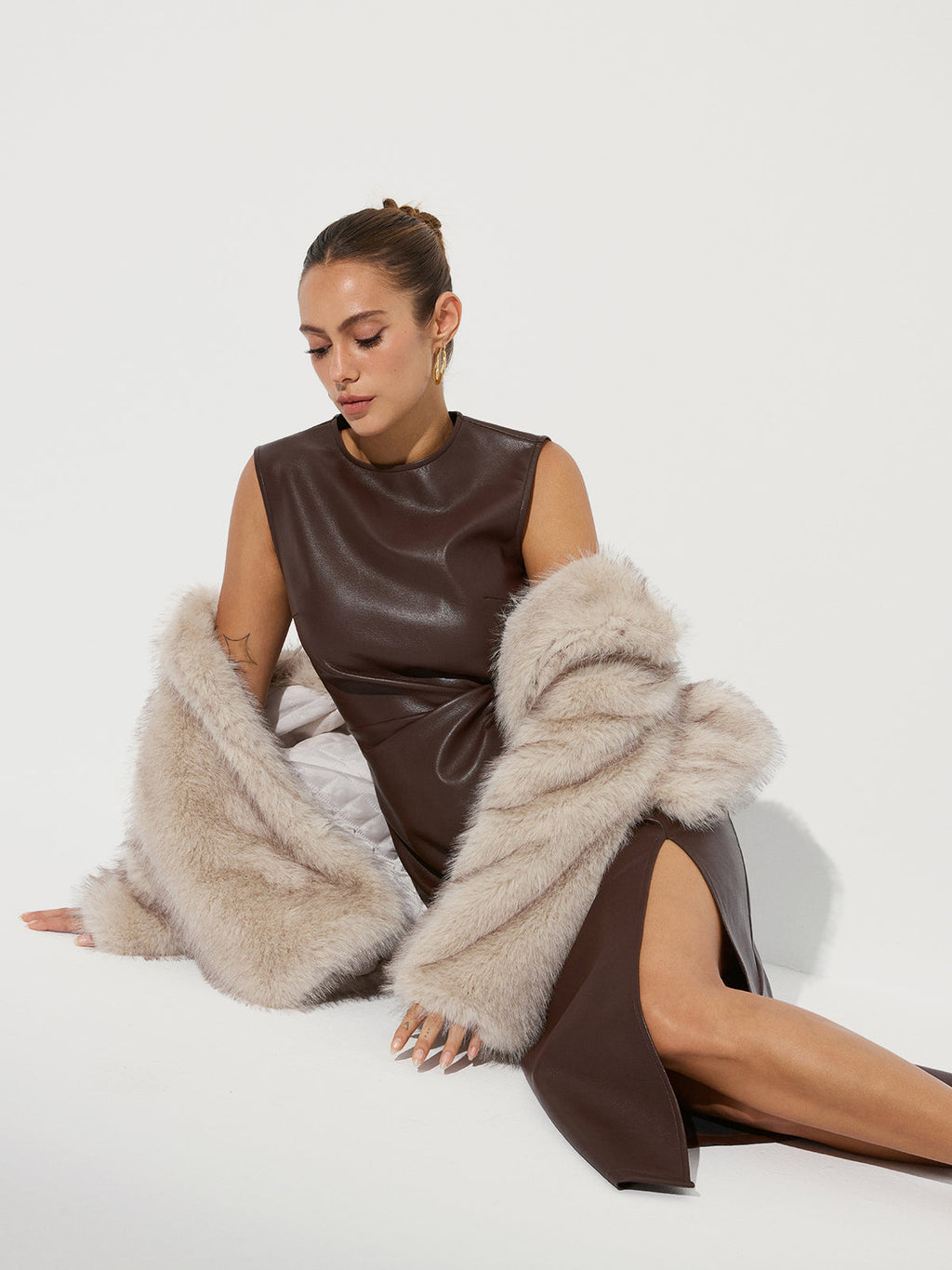 Chic Faux Leather Midi Dress with Side Slit