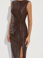 Chic Faux Leather Midi Dress with Side Slit