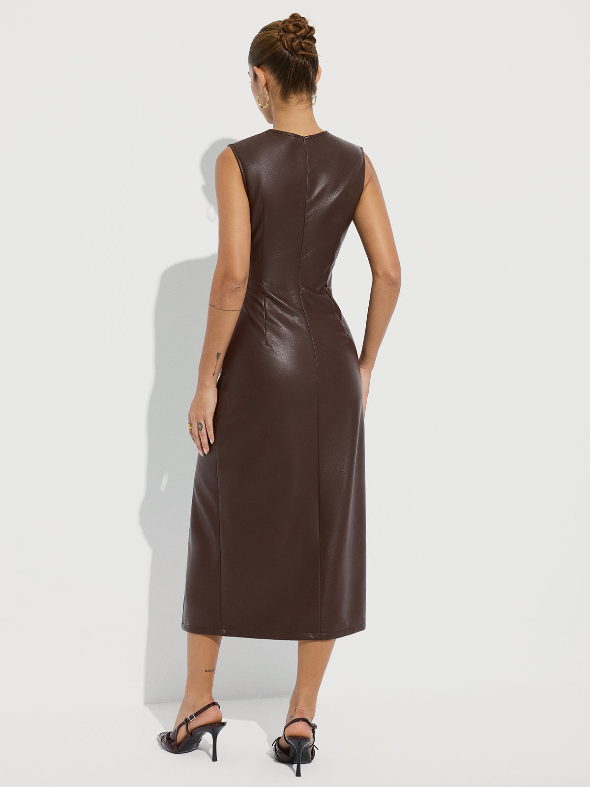 Chic Faux Leather Midi Dress with Side Slit