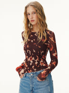Leopard Print Long-Sleeve Mesh Fitted Top