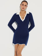 Wool Blend V-Neck Mini Dress with Horsebit Collar
