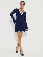 Wool Blend V-Neck Mini Dress with Horsebit Collar