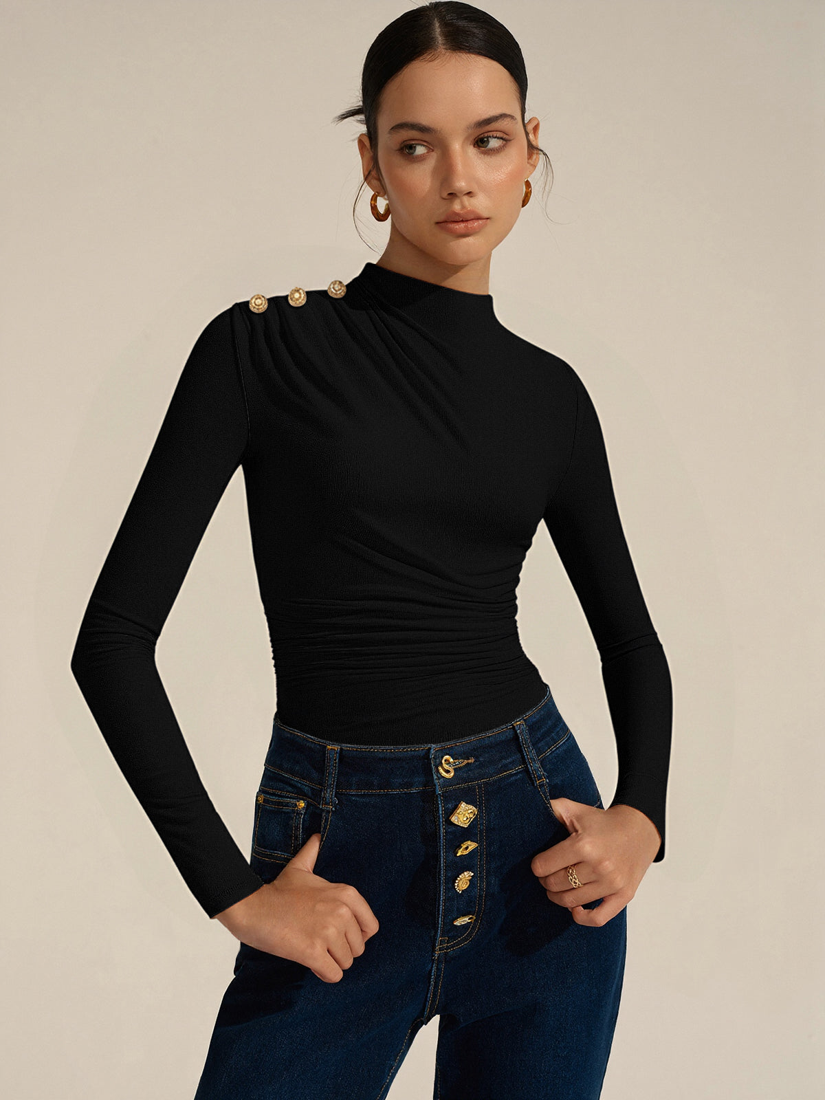 Ruched Shoulder Long Sleeve Fitted Bodysuit