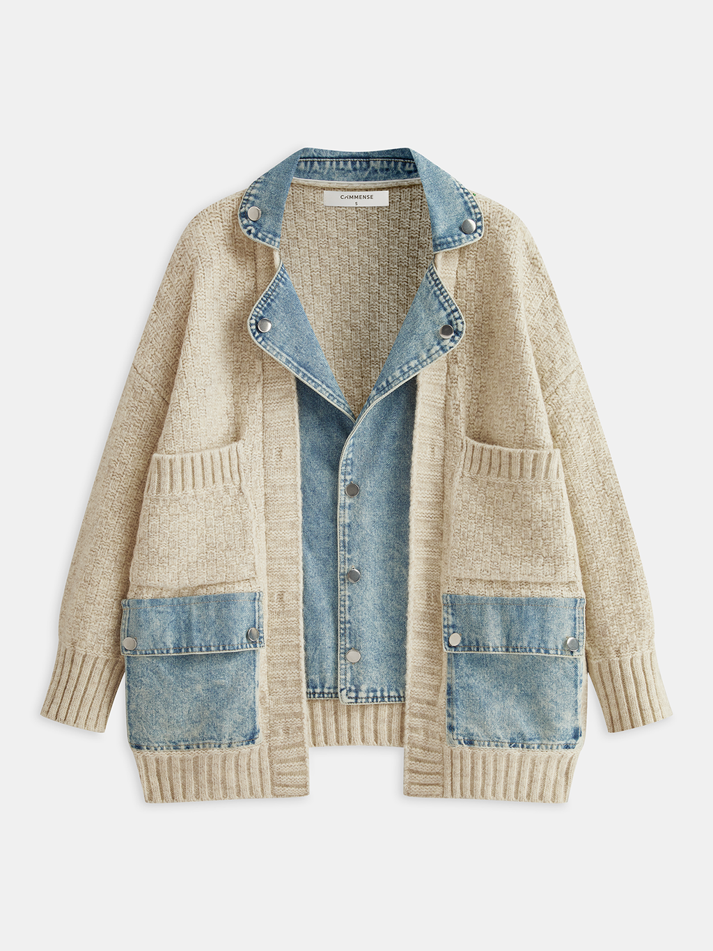 Utility Denim Cardigan with Knit Panels and Pockets
