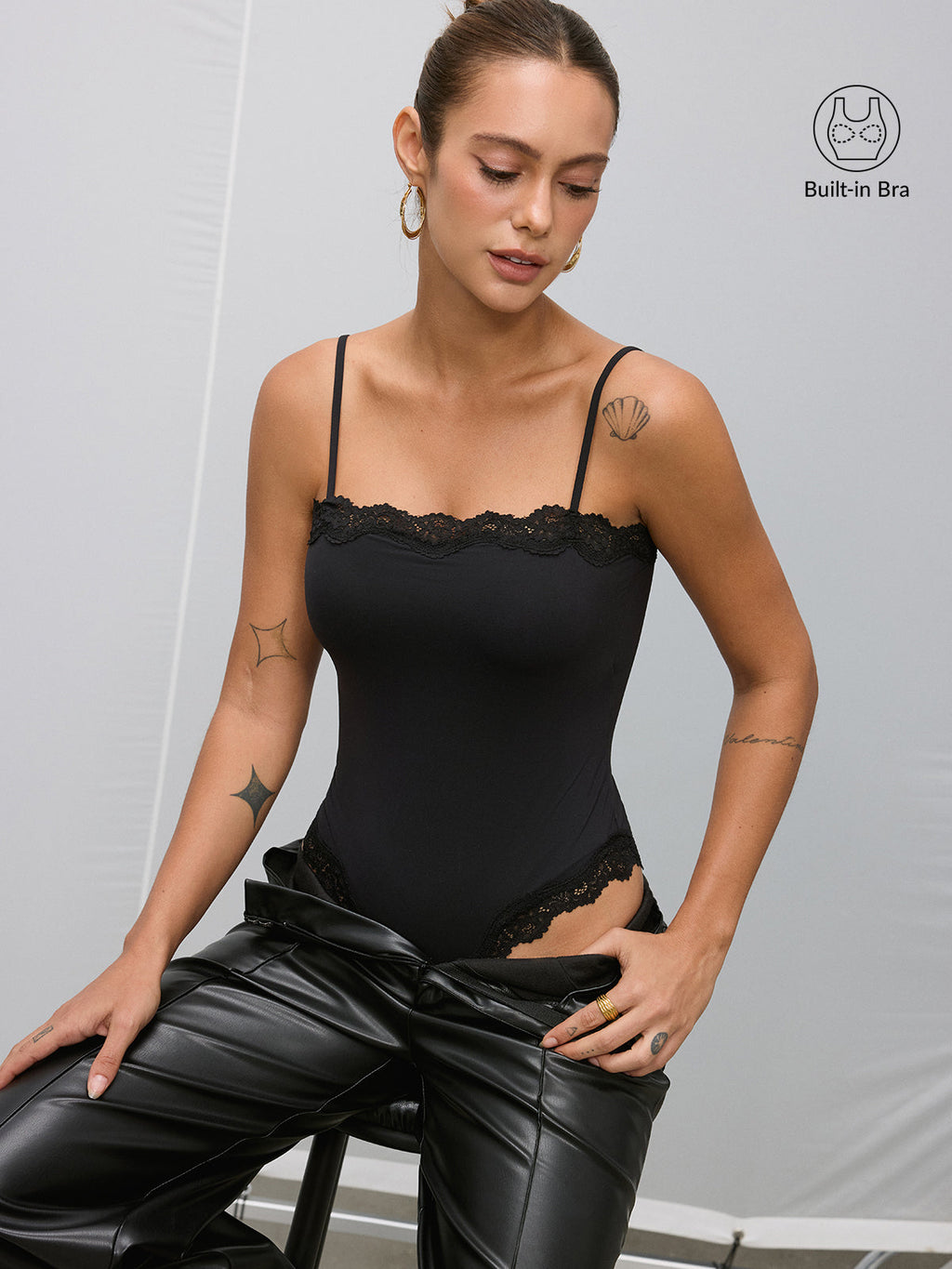 Lace Trim Camisole Bodysuit Without Underwire