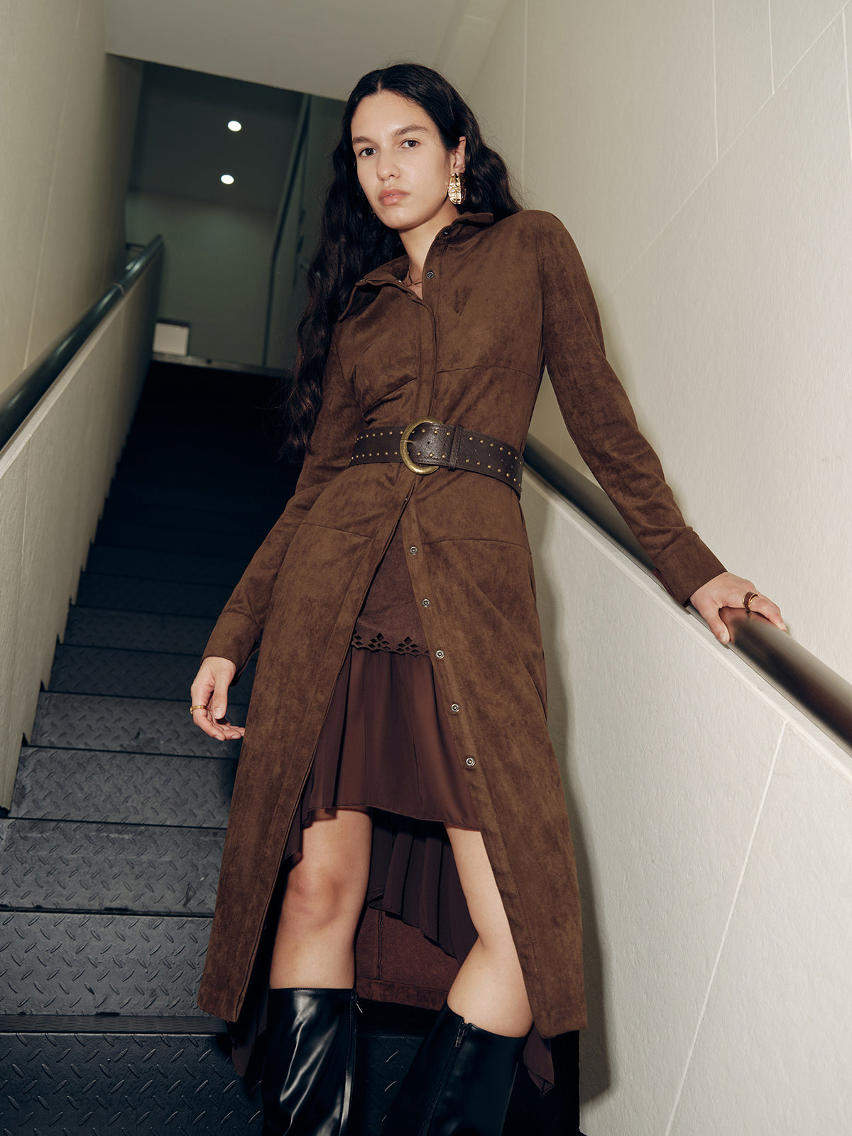 Suede-Style Shirt Dress with No Belt Included