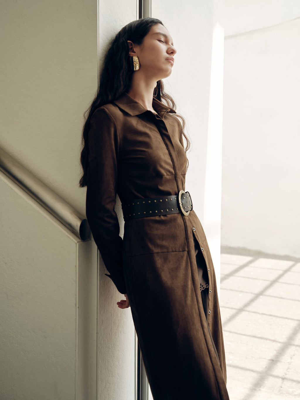 Suede-Style Shirt Dress with No Belt Included