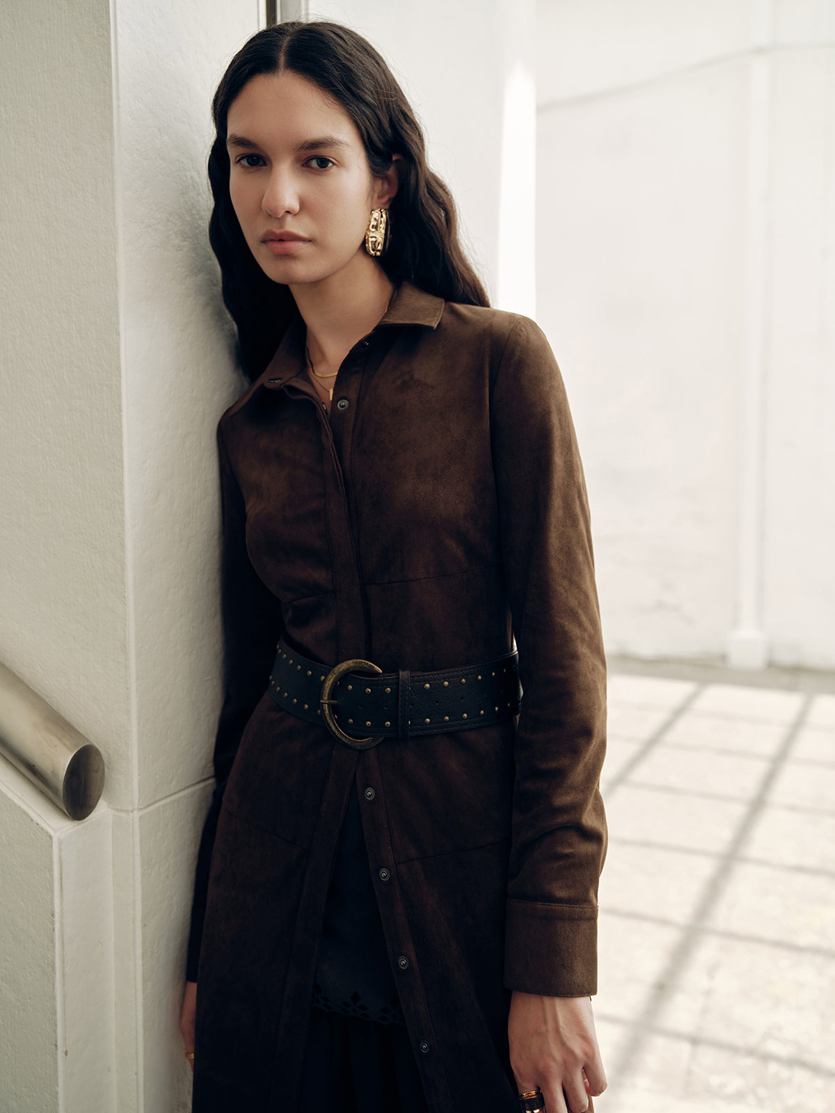 Suede-Style Shirt Dress with No Belt Included