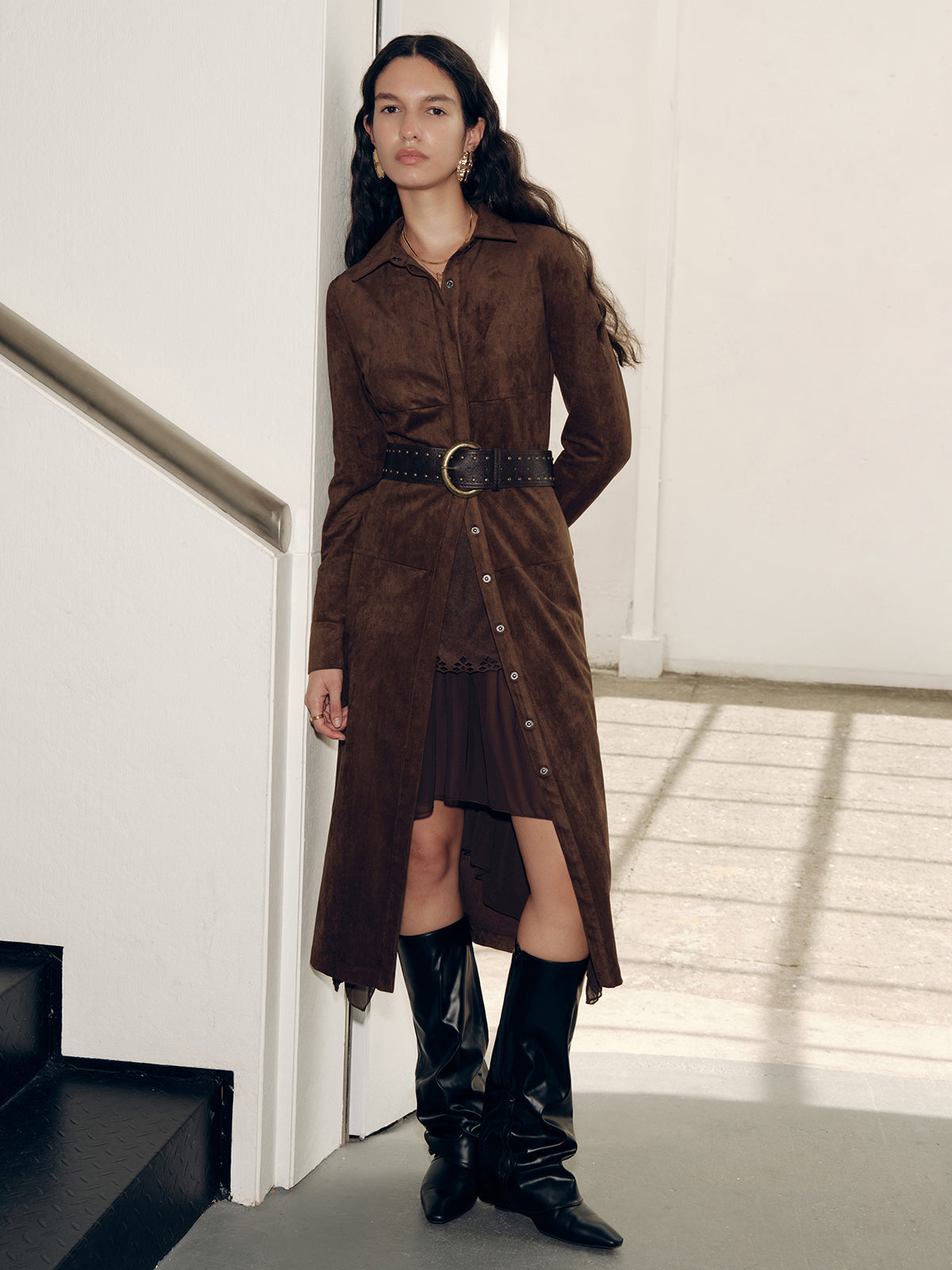 Suede-Style Shirt Dress with No Belt Included