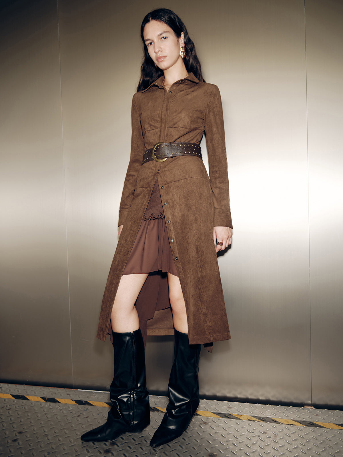 Suede-Style Shirt Dress with No Belt Included