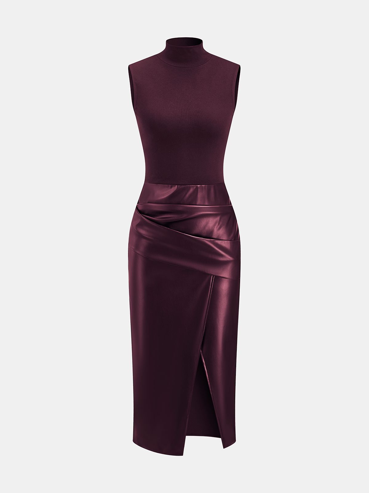 Mock Neck Sleeveless Dress with Faux Leather Panel
