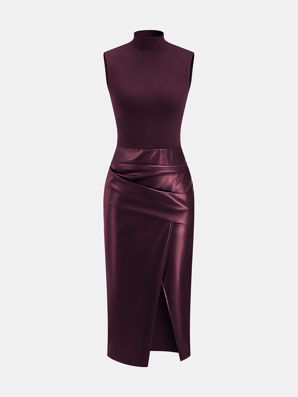 Mock Neck Sleeveless Dress with Faux Leather Panel