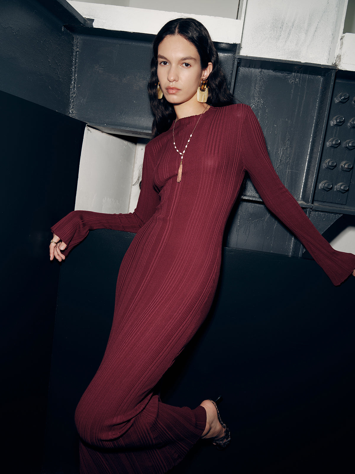 Long Sleeve Slim-Fit Knit Maxi Dress