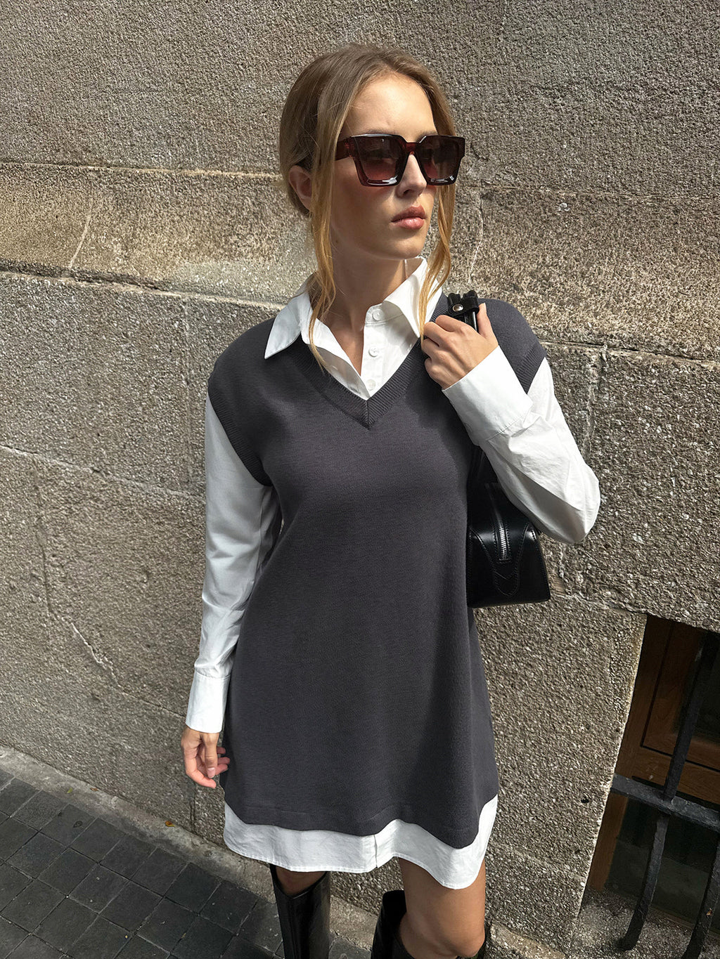Dual-Layer Shirt and Knit Mini Dress Combo