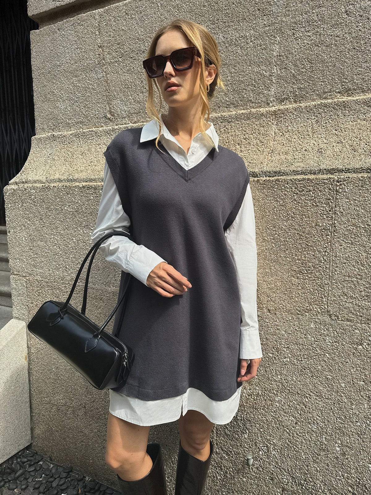Dual-Layer Shirt and Knit Mini Dress Combo