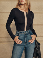 Sheer Mesh Paneled Long-Sleeve Bodysuit without Bra