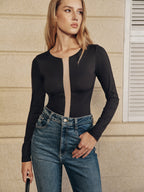 Sheer Mesh Paneled Long-Sleeve Bodysuit without Bra