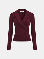Ruched Long-Sleeve Blouse with Lapel Detail