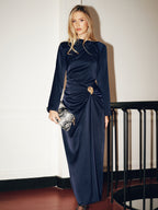 Long-Sleeve Maxi Dress with Metal Detail and Ruching