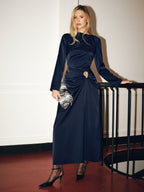 Long-Sleeve Maxi Dress with Metal Detail and Ruching