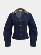 Two-Tone Collar Curved Sleeve Denim Jacket
